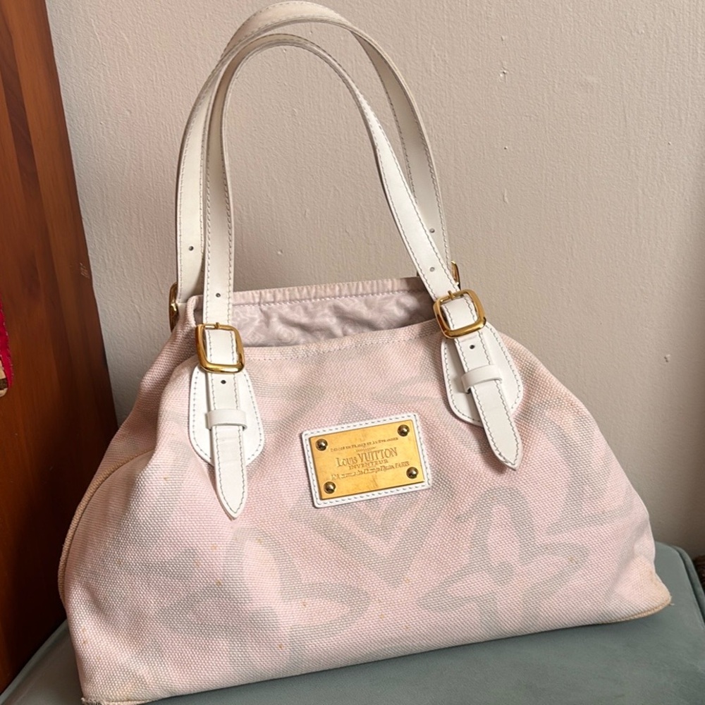 Louis Vuitton Pink Monogram Canvas Tote with White Leather Handles